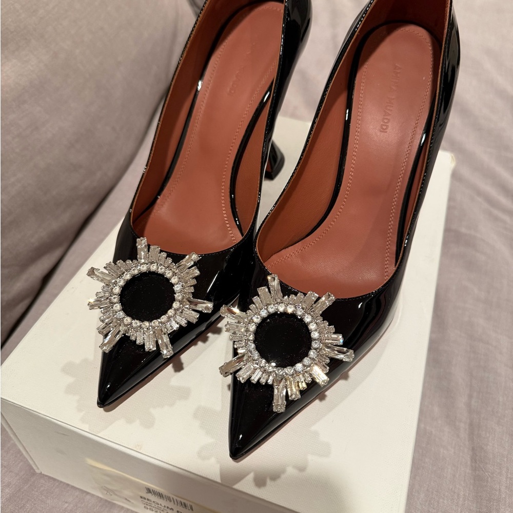 Amina Muaddi Begum Black Heels with Crystal Accents
